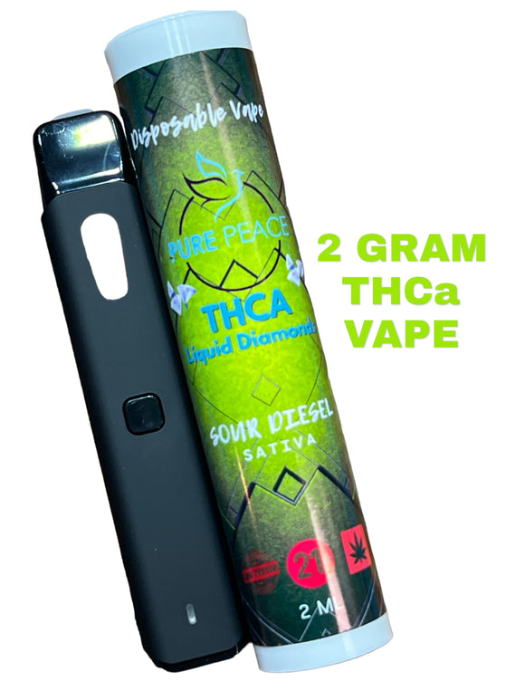 Pure Peace 2g THCa Liquid Diamonds Rechargeable Vape – Sour Diesel Sativa. Bold citrus-diesel flavor in a sleek, long-lasting disposable pen.